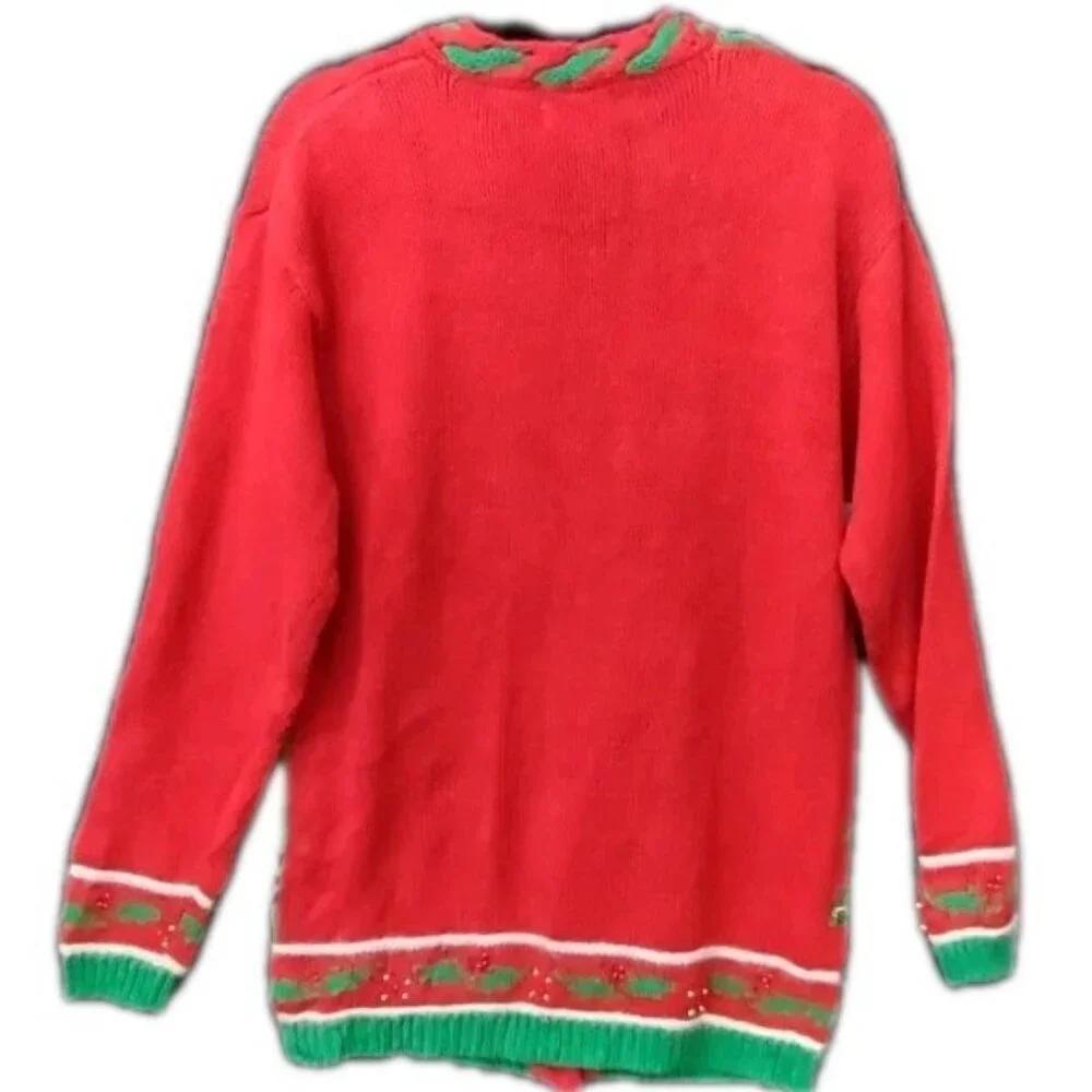 Jennifer Moore Vintage CHRISTMAS Sweater Hand Knit Beads Bows Three Women Size M - Picture 4 of 13